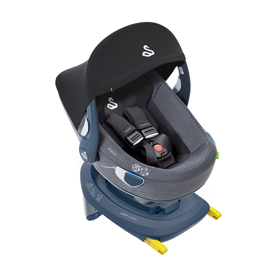 Albert i-Size baby car seat, diagonal view in grey with sun canopy and i-Size base