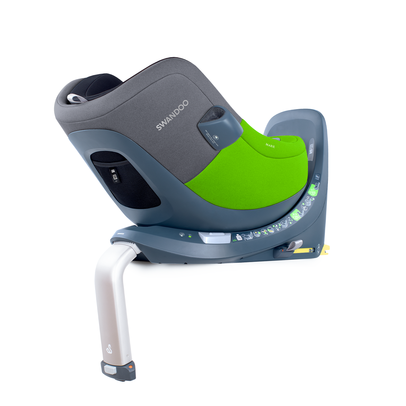 Marie 360 rotating  i-Size child car seat, diagonal view in grey green rear-facing position