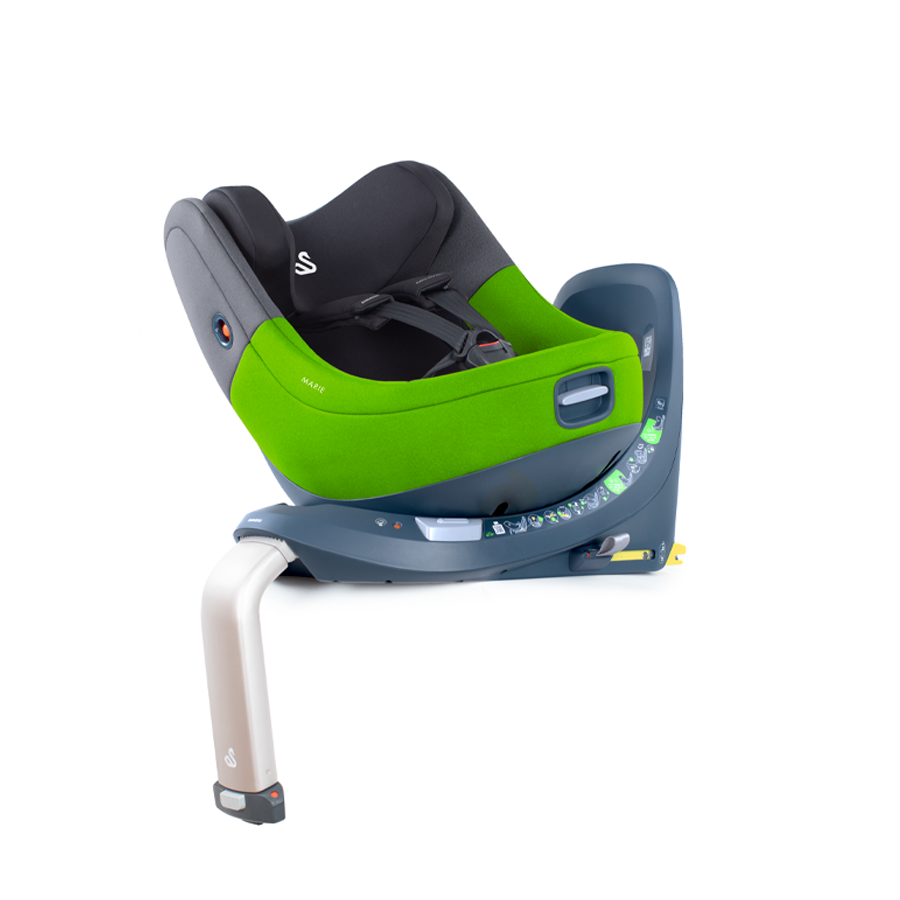 Marie 360 rotating  i-Size child car seat, diagonal view in grey green boarding position