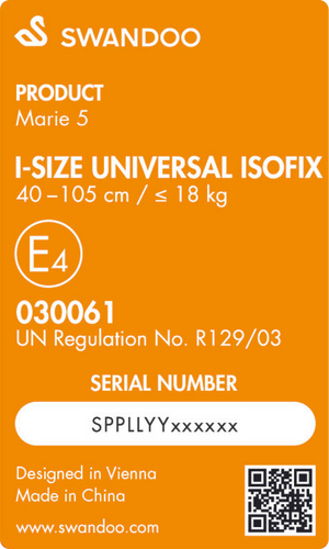 Orange R129 certification label for Swandoo Marie 5