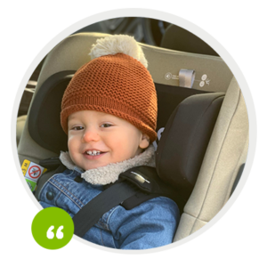 Swandoo tester using our car seat Marie